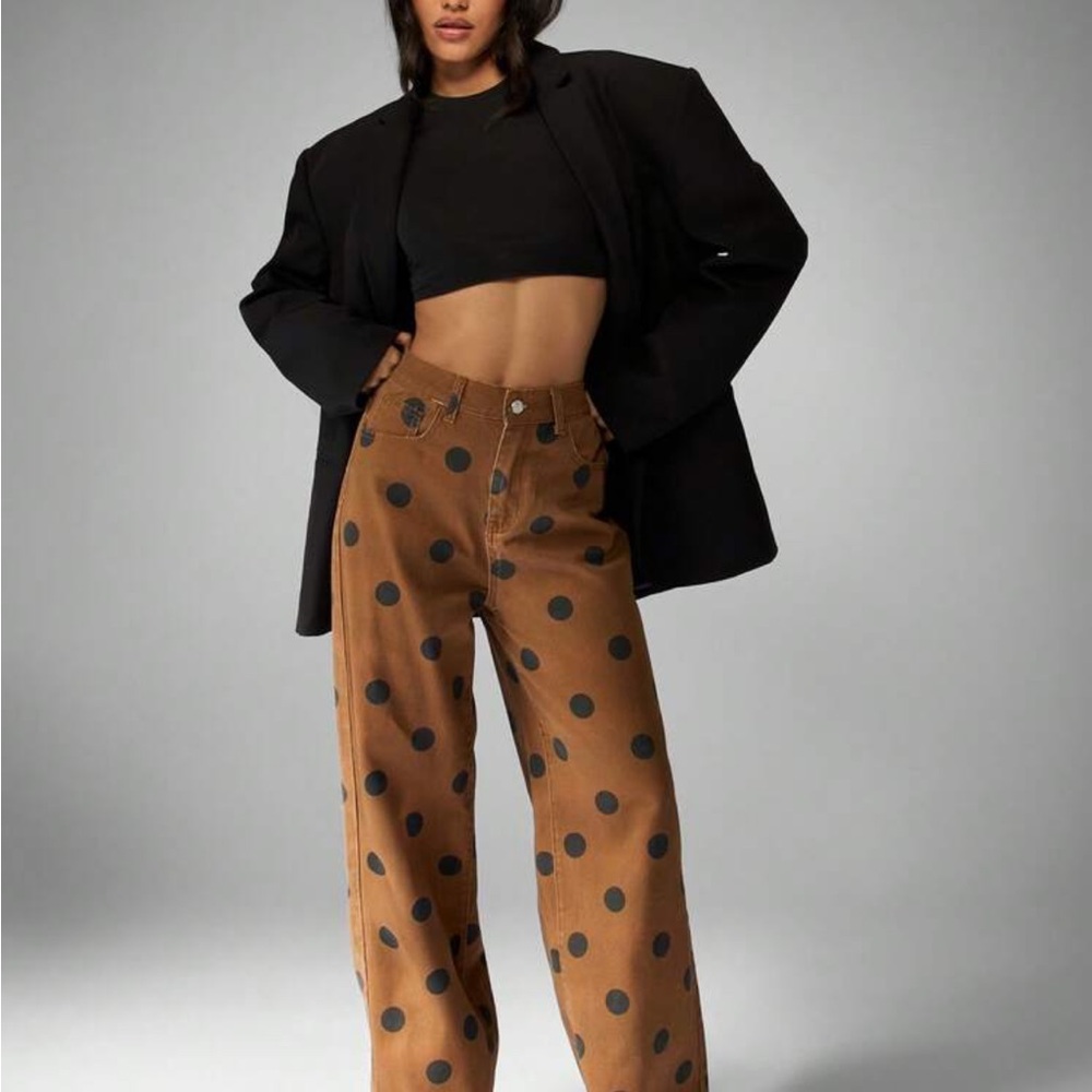Missguided Brown Wide-Leg Polka Dot Pants with Black Dots - Picture 6 of 7